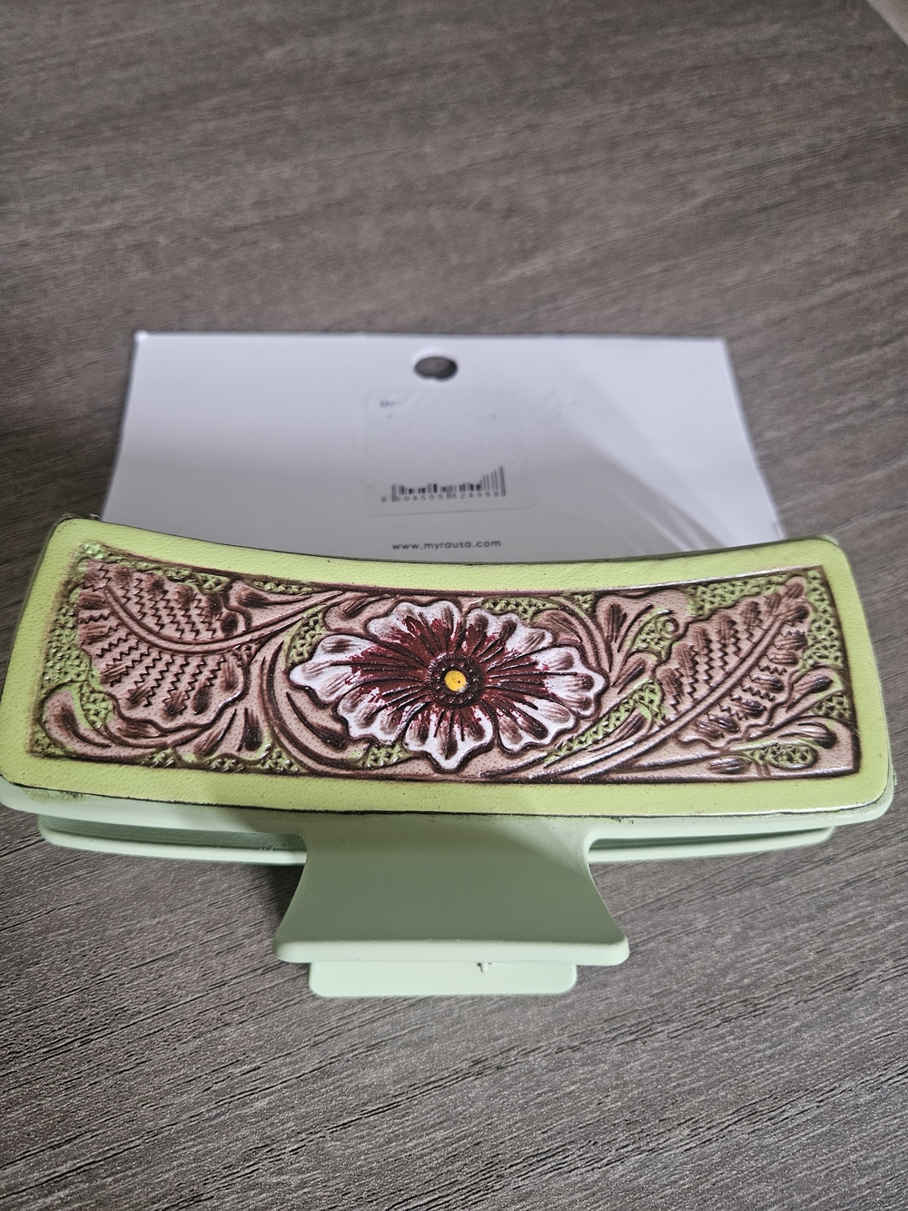 Myra Accessories 5 Inch Green Floral Leather Hair Clip - NWT - Picture 3 of 5
